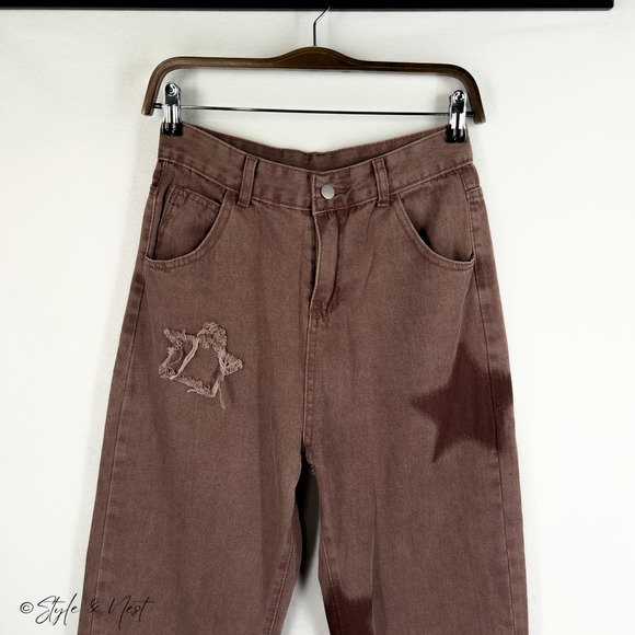 Women's Y2K Boho Baggy Star Pink Gunge Goth 90's Distressed Jeans Size Small - Picture 3 of 4